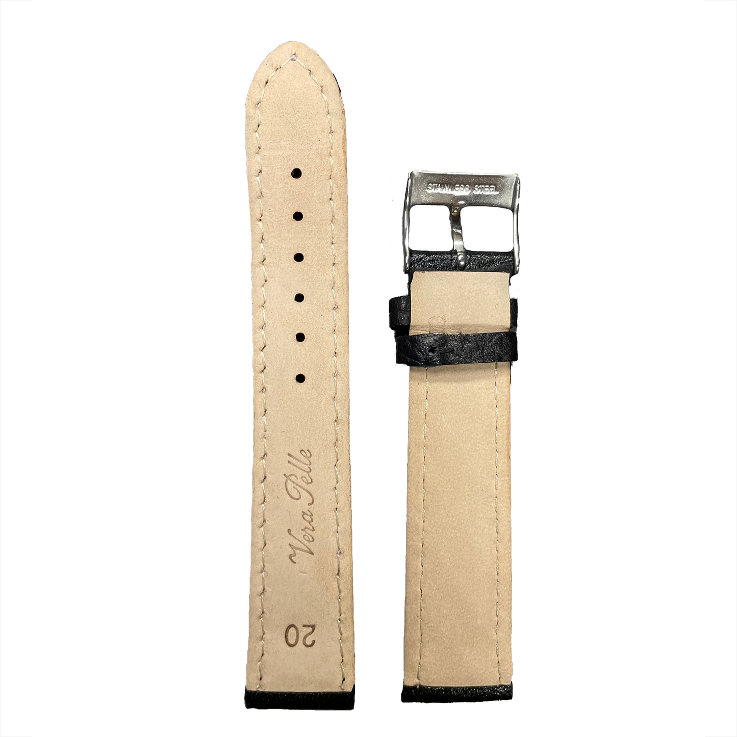 Horlogeband - 20mm - Zwart - Echt leer