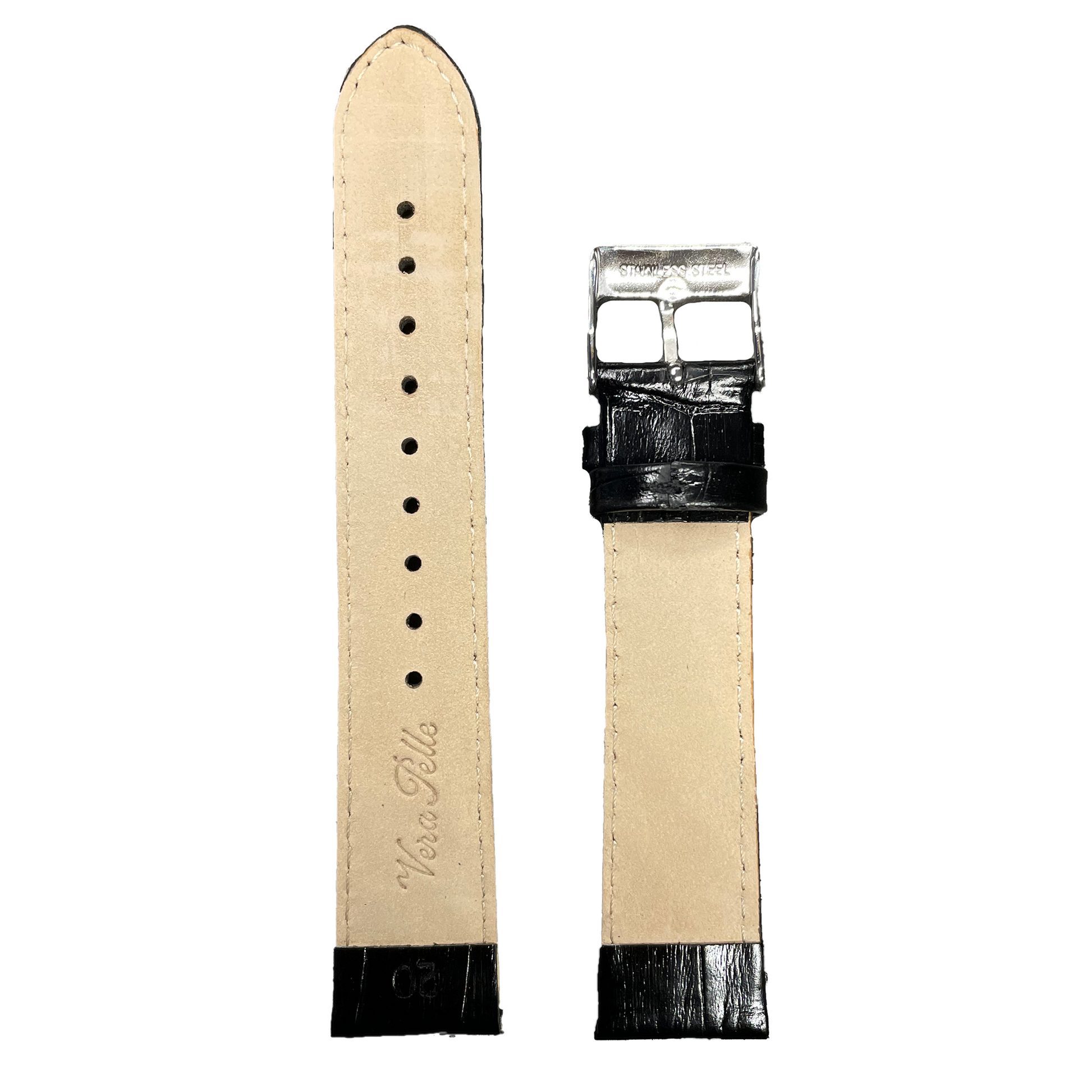 Horlogeband - 20mm - Glans Zwart - Echt leer