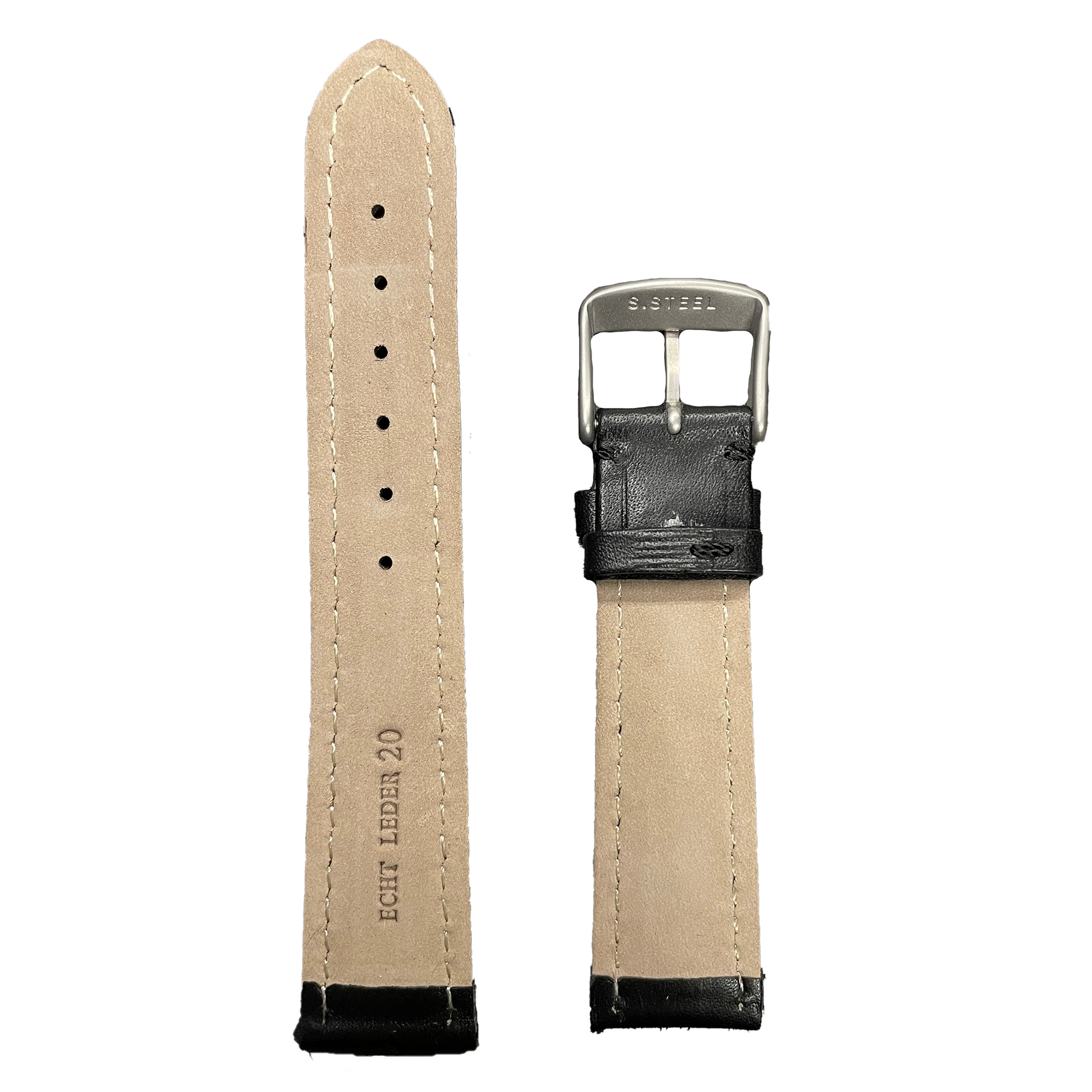 Horlogeband - 20mm - Zwart - Echt leer