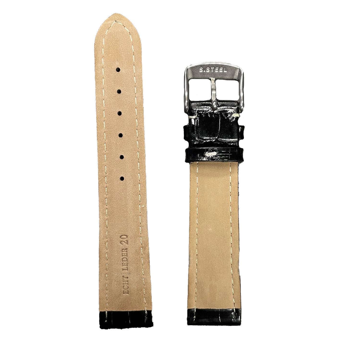 Horlogeband - 20mm - Glans Zwart - Echt leer